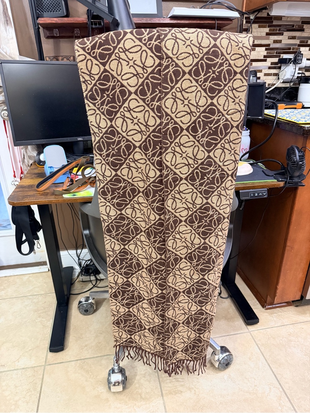Loewe Brown and Cream Diamond Logo Crew-Neck Scarf